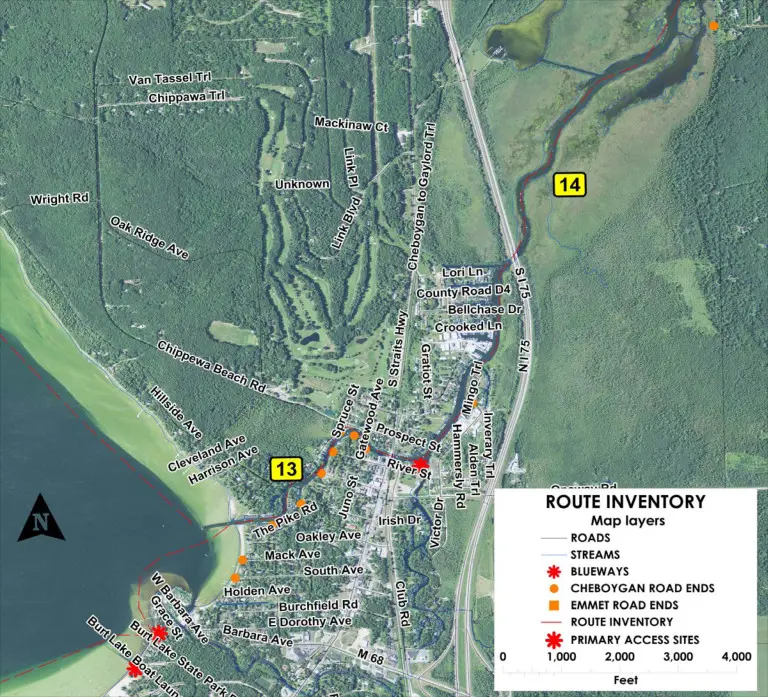 A map showing the Inland Waterway's path through Indian River Michigan