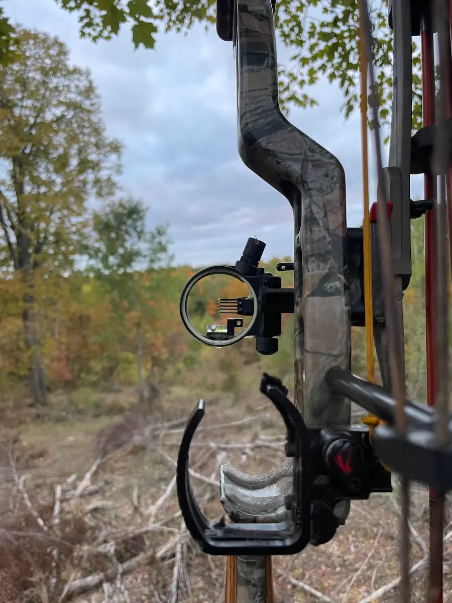 A compound bow looking out over a valley with trees with yellow and orange leaves.